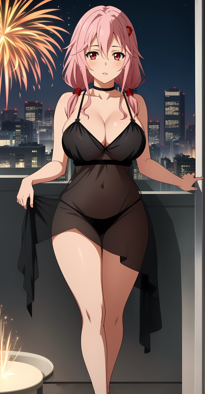 1girls aerial_fireworks ai_generated black_panties caustics city city_lights cleavage clothes_lift fireworks guilty_crown hair_ornament large_breasts lifted_skirt long_hair low_twintails night night_sky outdoors panties pink_hair red_eyes see-through see-through_clothing stable_diffusion thick_thighs yuzuriha_inori