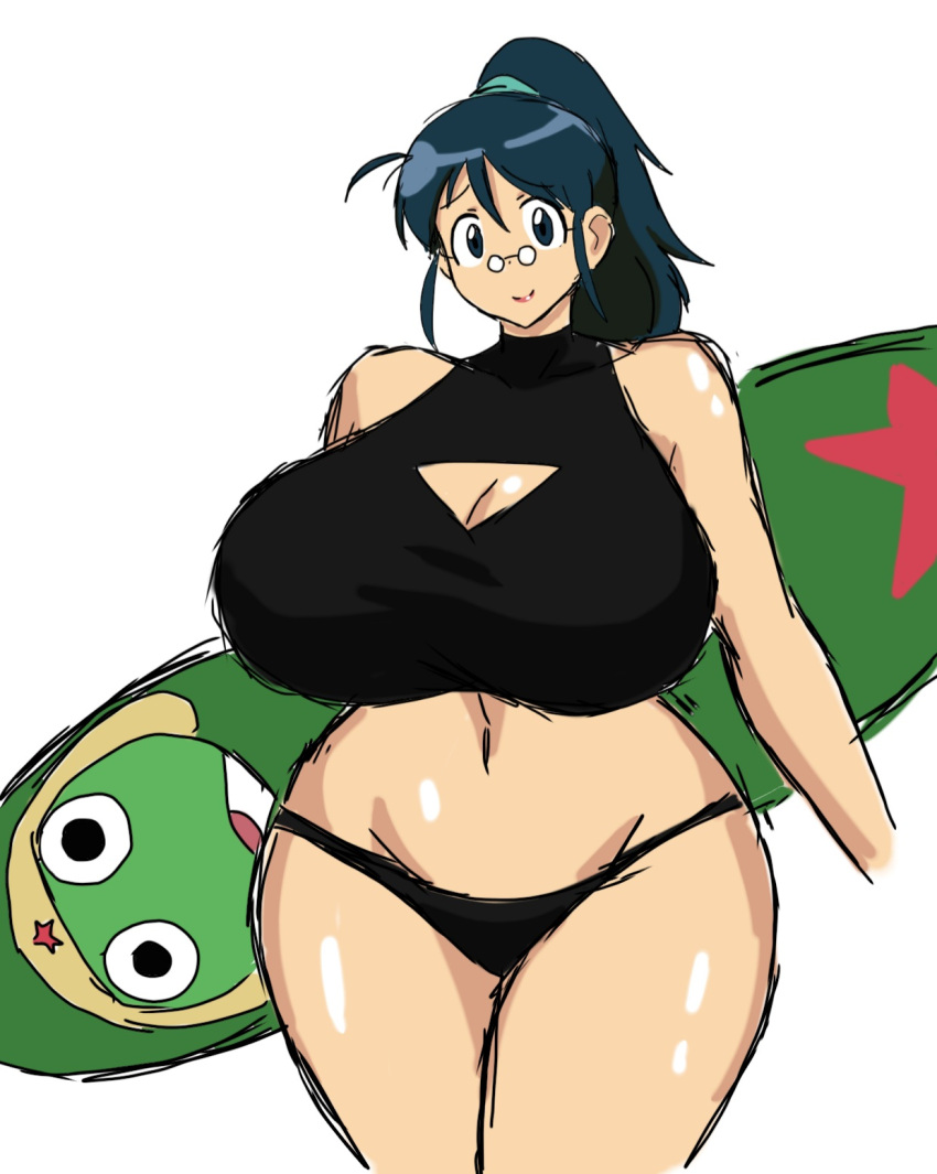 1girls aki_hinata big_breasts bikini blue_eyes blue_hair breasts busty cleavage curvy female female_only glasses hinata_aki huge_breasts keroro_gunsou looking_at_viewer milf momiji_(artist) mother ponytail smile solo solo_female standing surfboard swimsuit tagme thick_thighs tied_hair venus_body voluptuous wide_hips