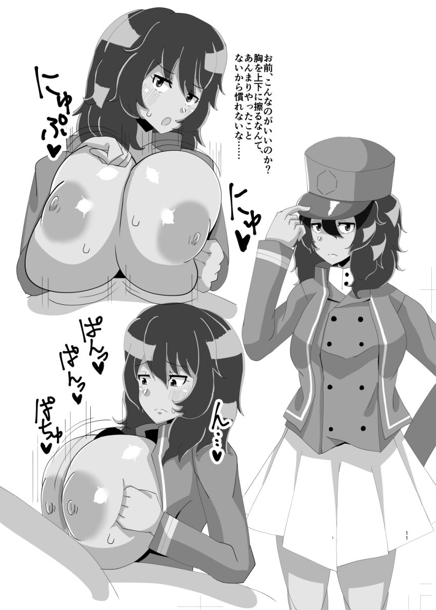 1boy andou_(girls_und_panzer) bc_freedom_military_uniform blush breast_press breast_squeeze breasts crnirin dark-skinned_female dark_skin female girls_und_panzer huge_breasts looking_at_viewer medium_hair monochrome multiple_views nipples open_clothes open_mouth paizuri penis straight translation_request uniform