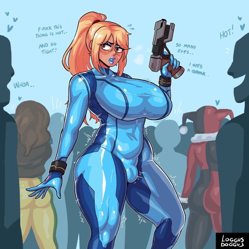 1:1 1boy 2023 alternate_version_available arm_up artist_name bangs blonde_hair blue_bodysuit blue_eyeshadow blue_lipstick blush blush_lines bodysuit breasts brown_eyes bulge clothed clothed_male clothing convention cosplay costume crowd curvy curvy_figure digital_media_(artwork) english english_text eyebrows_visible_through_hair eyelashes eyeshadow fake_breasts femboy gun hair half-closed_eyes heart hi_res highres holding holding_gun holding_object holding_weapon huge_breasts large_breasts light-skinned_male light_skin lipstick loggus_doggus long_hair looking_away male male_focus male_only metroid narrowed_eyes nervous nintendo one_arm_up original_character parted_lips ponytail pose posing samus_aran_(cosplay) sissy skin_tight standing strap-on_breasts sweat teeth text thick_thighs trap twitch_lines watermark weapon wide_hips wrist_cuffs