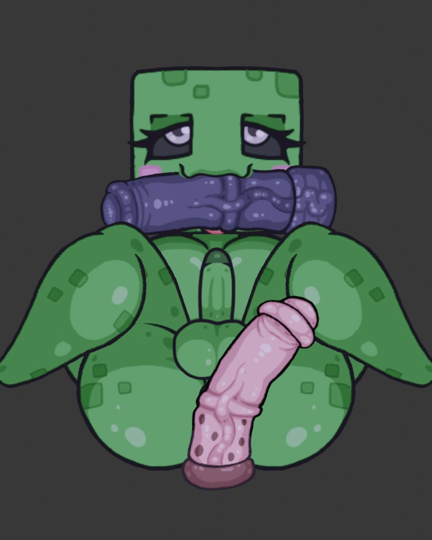 3boys balls blush creeper creeper_(minecraft) edit fanart fapwall femboy green_skin horsecock male male_only minecraft penis simple_background tagme