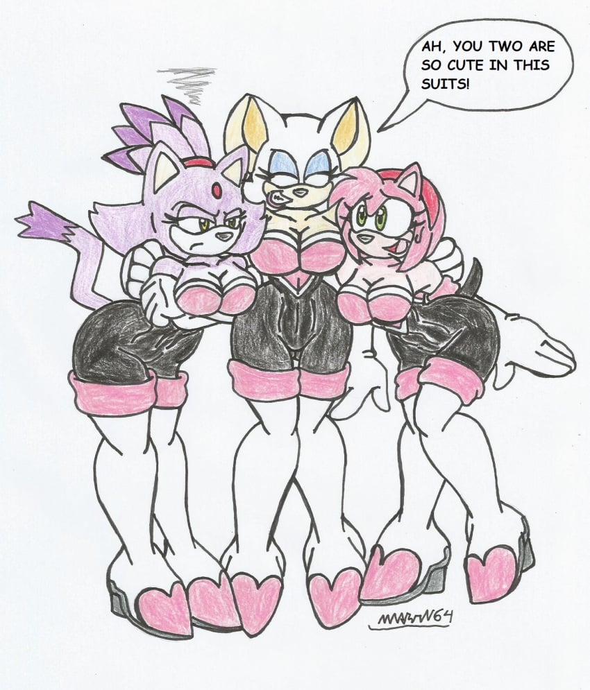 3girls amy_rose amy_the_bat big_breasts big_hips blaze_the_cat cosplay embarrassed eyeshadow furry joke marlon64 medium_breasts pink_fur pink_hair purple_fur purple_hair rouge_the_bat rouge_the_bat_(cosplay) sonic_(series) sonic_the_hedgehog_(series) traditional_drawing_(artwork) white_background white_hair