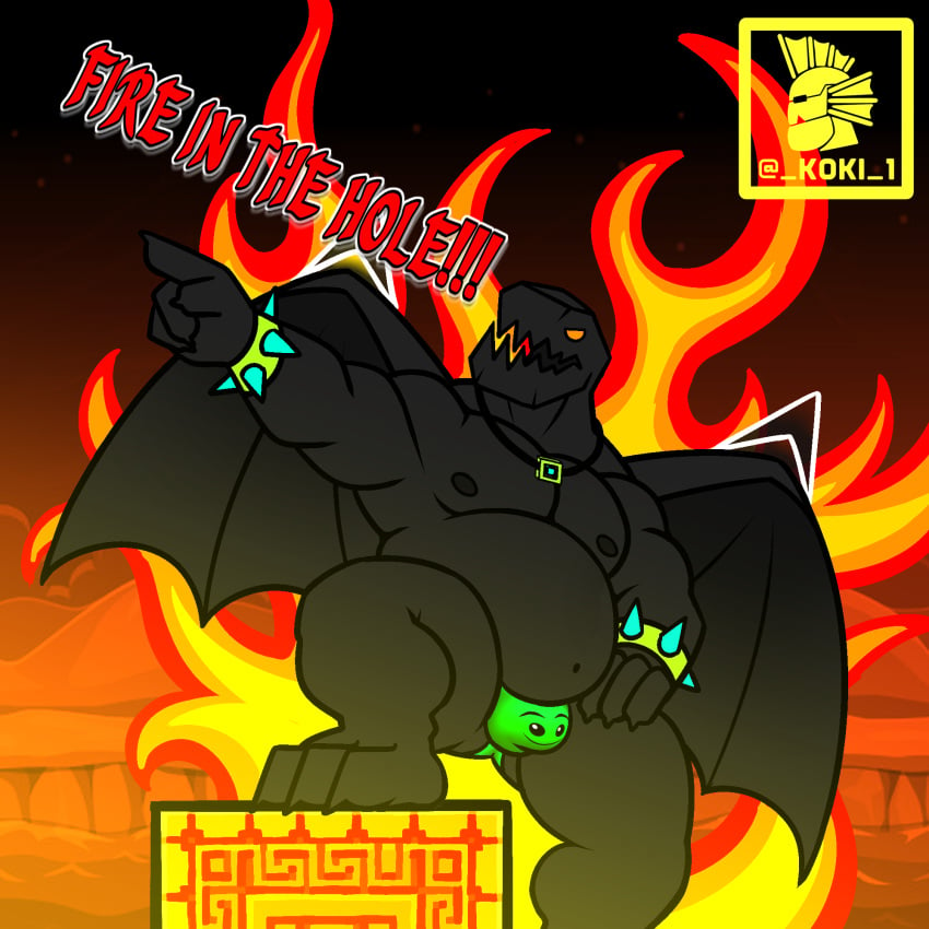 belly bulge chubby_male fire_in_the_hole gay geometry_dash koki_1 lobotomy_(geometry_dash) monster_(geometry_dash) musclechub muscular_male necklace nipples normal_(geometry_dash) spike_(koki_1) spiked_bracelet spread_wings thong wings