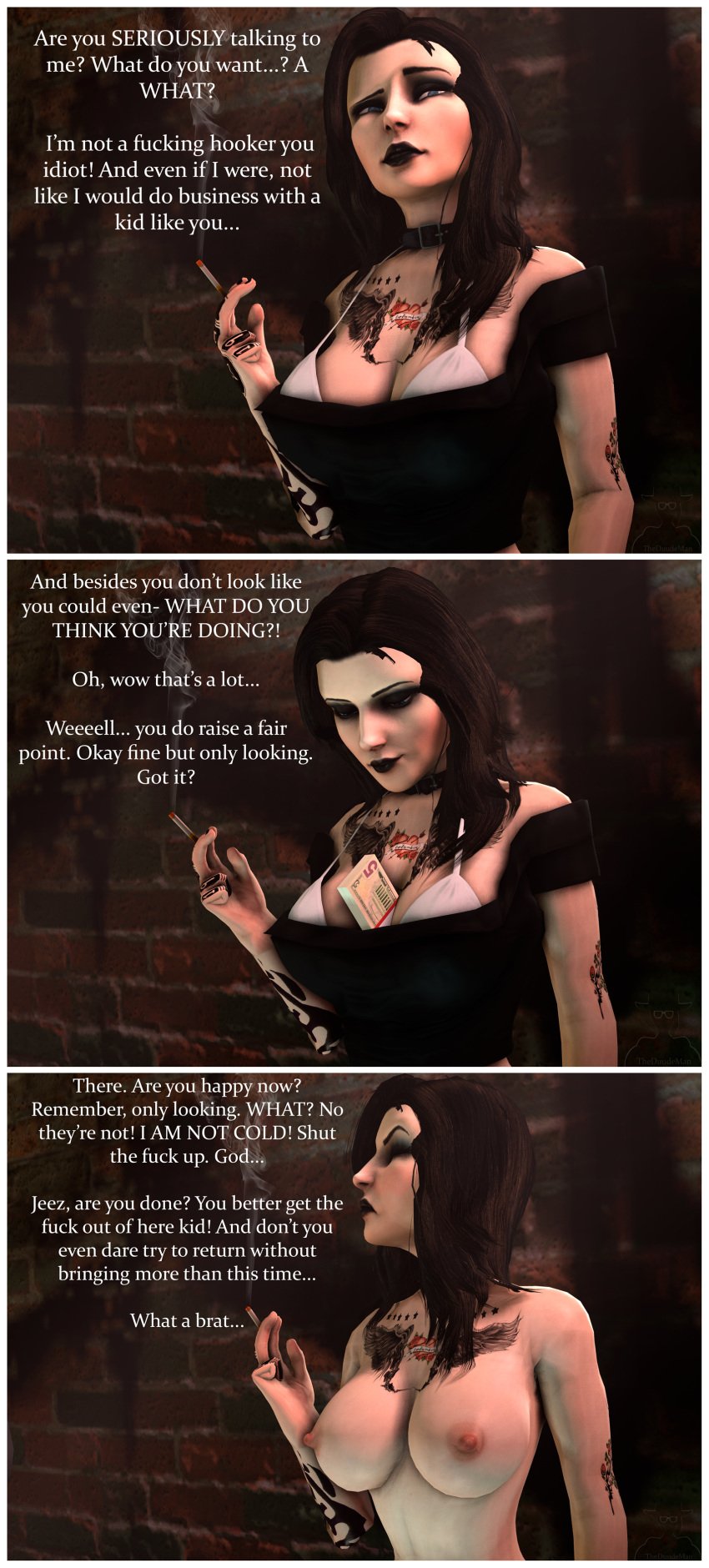 3d big_breasts bioshock bioshock_infinite blue_eyes breasts busty cash cigarette comic edit elizabeth_comstock goth long_hair makeup money prostitution speech_bubble tagme tattoo text theduudeman