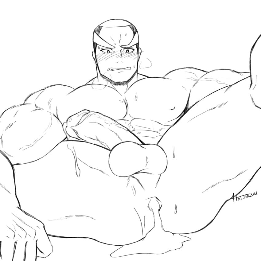 1boy abs absurdres alternate_pectoral_size anus bara blush breath buzz_cut completely_nude cum cum_in_ass cum_inside cum_while_penetrated greyscale highres implied_yaoi large_pectorals large_penis male male_focus male_only male_pubic_hair marshal_(pokemon) monochrome muscular muscular_male nipples nude penis pokemon pubic_hair short_hair solo spread_anus stomach thick_thighs thighs very_short_hair whyhelbram