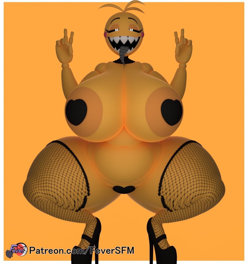 1girls 3d 3d_(artwork) animatronic big_breasts female female_only feversfm fishnet_legwear fishnets five_nights_at_freddy's five_nights_at_freddy's_2 heart-shaped_pasties high_heels huge_breasts large_breasts looking_at_viewer metal_tongue navel open_mouth pasties peace_sign scottgames sharp_teeth solo solo_female solo_focus thick_thighs thighs tongue tongue_out toy_chica_(cyanu) toy_chica_(fnaf) wide_hips yellow_body yellow_skin