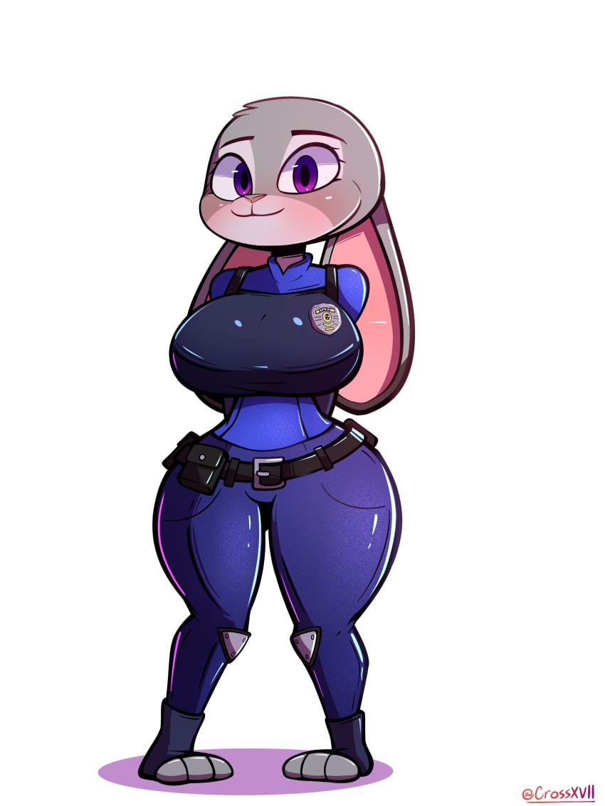 2023 3:4 absurd_res anthro badge belt big_breasts blush breasts clothing crossxvii disney ears_down female fur grey_body grey_fur hands_behind_back hi_res jpeg judy_hopps lagomorph leporid long_ears looking_at_viewer mammal pink_nose pivoted_ears police_uniform purple_eyes rabbit signature smile solo standing thick_thighs uniform wide_hips zootopia