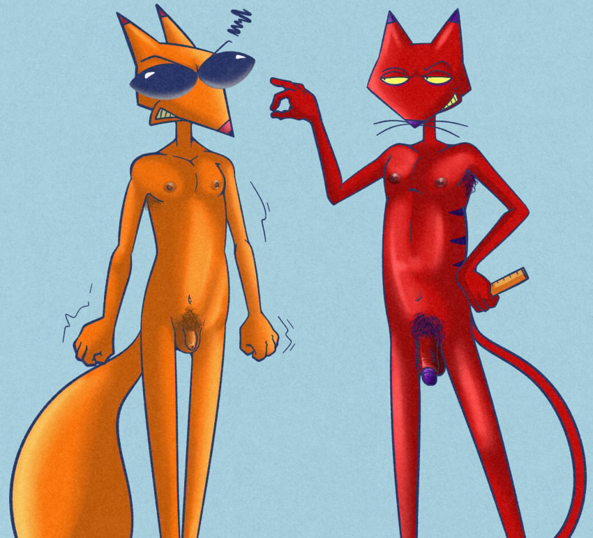 annoyed anthro canid canine cartoon_network comparing comparing_penis courage_the_cowardly_dog duo eyewear felid flaccid foreskin genitals grin hi_res illegaleel katz_(courage_the_cowardly_dog) male male/male mammal nipples nude penis penis_size_difference pinching_gesture pubes ruler smile smug sunglasses the_cajun_fox