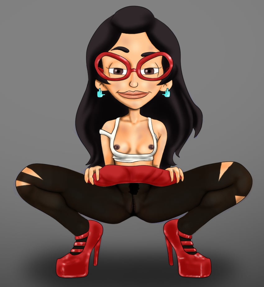 big_mouth_(universe) black_hair blue_middle_finger_earrings brown_eyes netflix pubic_hair pussy red_glasses red_shoes skirt_lift stockings tank_top tits_out