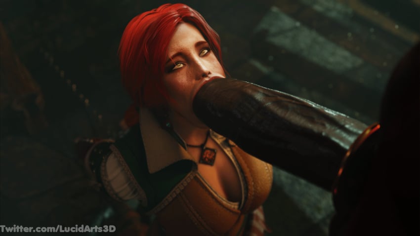 1boy 1girls 3d big_penis blender blowjob bondage cd_projekt_red chains cheek_bulge dark-skinned_male dark_skin dungeon fellatio female ginger green_eyes interracial lucidarts3d oral red_hair the_witcher the_witcher_(series) the_witcher_2 the_witcher_3:_wild_hunt triss_merigold