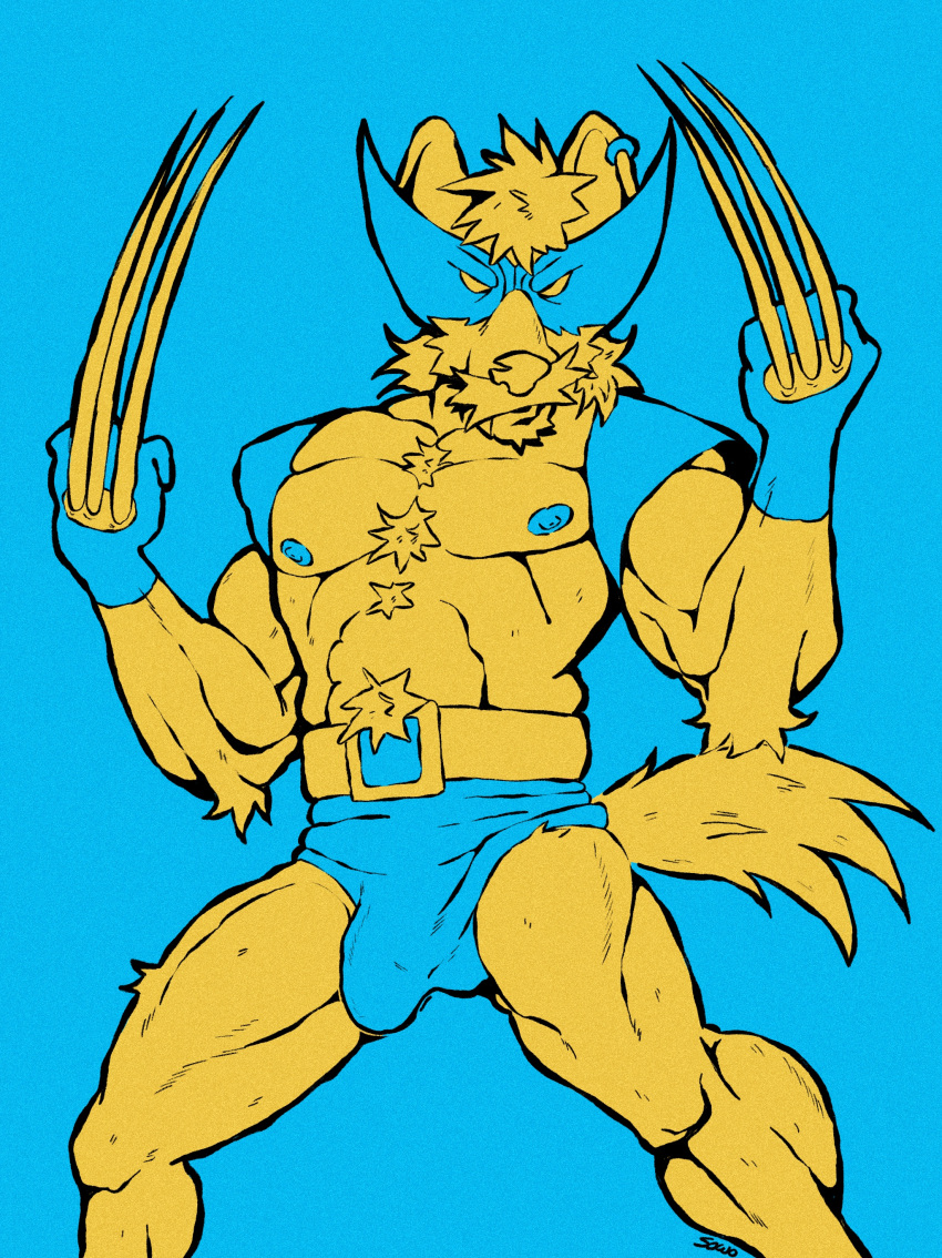 abs absurd_res anthro bandai_namco belt biceps body_hair bottomwear breasts briefs bulge canid canine chest_hair claws clothed clothing detailed_bulge digital_media_(artwork) ear_piercing ear_ring erection erection_under_clothing facial_hair fangs finger_claws fur gloves hair handwear hi_res hyena looking_at_viewer male mammal mask moustache muscular muscular_anthro muscular_male nipples pecs piercing pubes ring_piercing sharp_teeth simple_background solo sowo standing tail teeth topless underwear wolverine_(marvel)