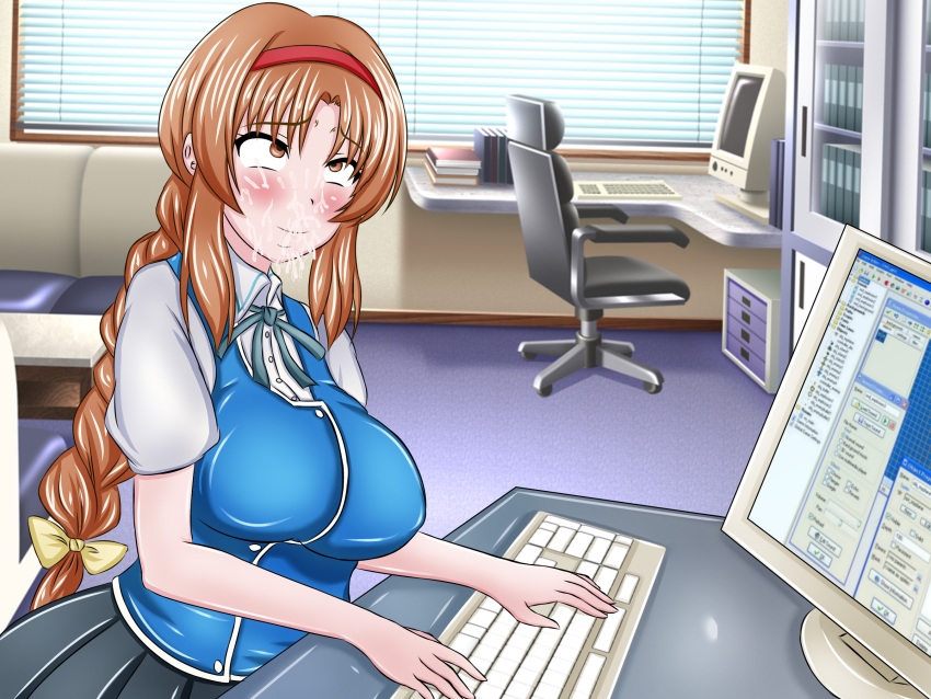 1girls after_fellatio aje blowjob blush brown_eyes brown_hair clothed_female clothed_female_nude_male clothed_sex cum cum_in_mouth d-frag! fellatio female fully_clothed fully_clothed_female huge_breasts large_breasts long_hair mosaic_censoring office_lady takao_(d-frag!)