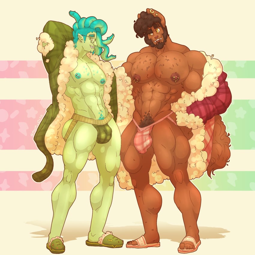 2boys awadito bara bulge clawd_wolf clawd_wolf_(g3) deuce_gorgon deuce_gorgon_(g3) facial_hair gay hairy hairy_chest half_naked jockstrap male_only monster_high monster_high_g3 nipple_piercing pubes tagme tail underwear werewolf yaoi