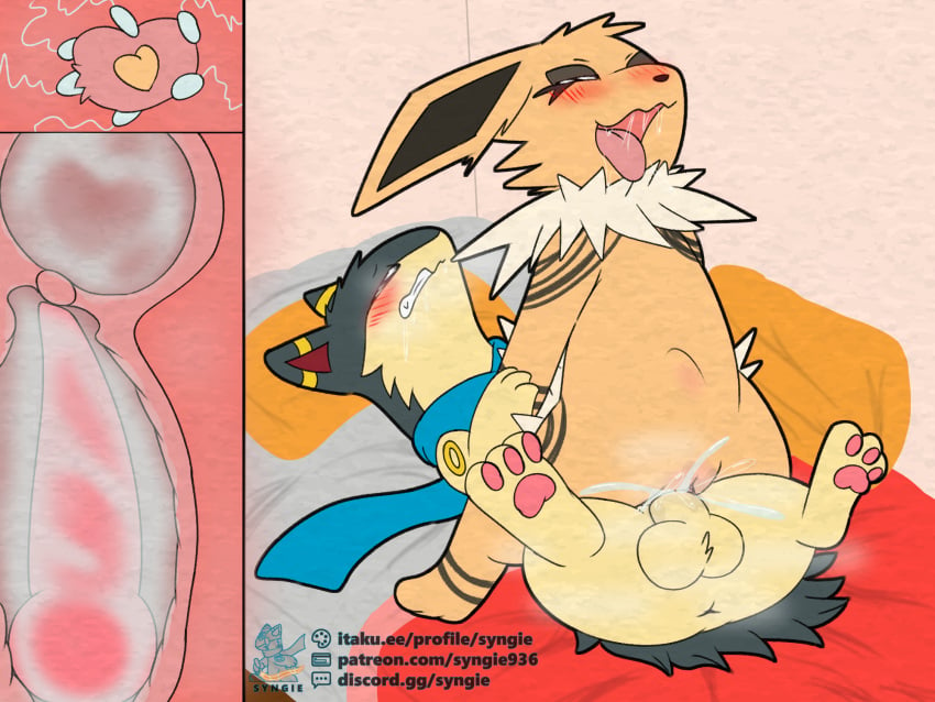 2024 4:3 anthro bodily_fluids cum cum_in_pussy cum_inside eeveelution female furry generation_1_pokemon generation_2_pokemon genital_fluids hi_res hybrid_pokemon impregnation internal_vaginal jolteon male nintendo pokemon pokemon_(species) quilava syngie_(artist) umbreon vaginal_penetration