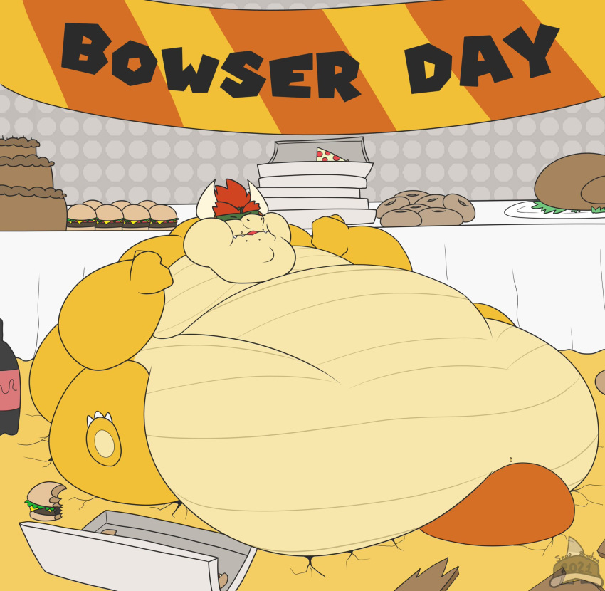 big_belly bowser bowser_day bulge cake covered_penis cracked_floor cracked_ground double_chin fat fat_arms fat_ass fat_butt fat_legs fat_man food male_only mario_(series) moobs morbidly_obese morbidly_obese_male obese obese_male overweight overweight_male scalie_humanoid speedo