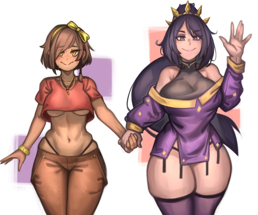 2girls armpits black_topwear blushing_at_viewer diablo g-string holding_hands jewelry kelvin_hiu large_breasts leah_(diablo) li-ming low_cut_top midriff purple_eyes tagme thick_thighs thighhighs wide_hips yellow_eyes yellow_hairband yuri