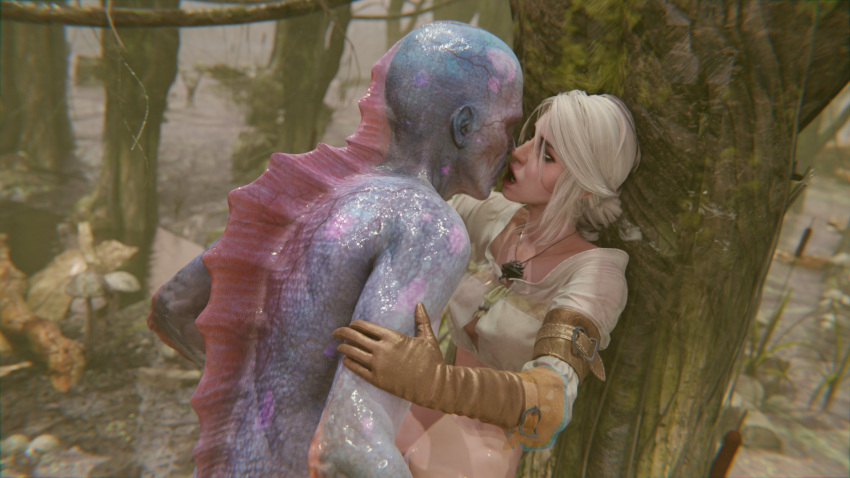 3d against_tree ciri drowner female fishman green_eyes kissing monster standing_sex suspended_congress tagme the_witcher_(series) the_witcher_3:_wild_hunt transparent_clothing wet wet_body wgqhs white_hair