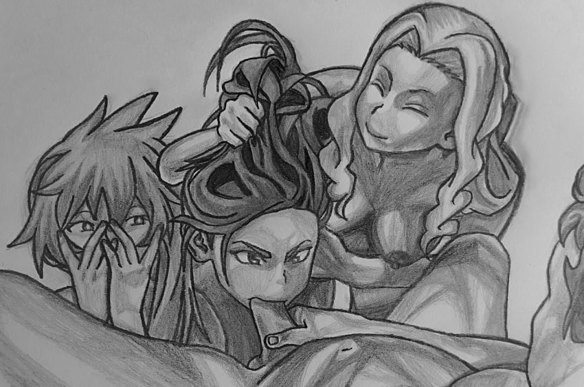 1boy 3girls blowjob colorless embarrassed fellatio female hair_pull hair_pulling hair_up itsuka_kendou kendou_itsuka male momo_yaoyorozu monochrome multiple_girls my_hero_academia naked nipples nude oral oral_sex penis sucking traditional_media_(artwork) unseen_male_face uwabami yaoyorozu_momo