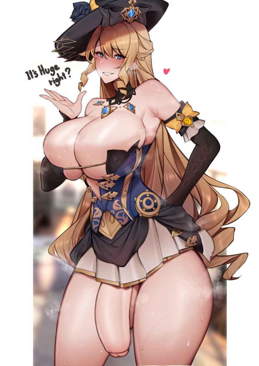 1futa balls ballsack barely_visible_balls blonde_hair blue_eyes bottomless breasts clothed clothing elbow_gloves english_text flaccid foreskin futa_only futanari genshin_impact gloves hat hi_res hips huge_breasts huge_cock human intact light-skinned_futanari light_skin long_hair mostly_clothed navia_(genshin_impact) no_underwear noseless partially_retracted_foreskin penis penis_out scrotum semi-erect smooth_penis solo standing testicles thick_thighs thighs unbeller uncensored uncut wide_hips