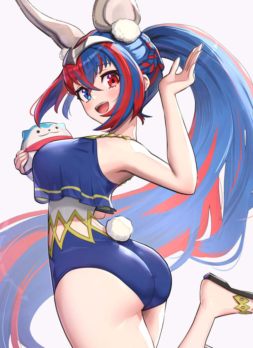 1girls :d absurdres alear_(female)_(fire_emblem) alear_(fire_emblem) alternate_costume alternate_hairstyle animal_ears ass big_ass blue_eyes blue_hair blue_oni blue_swimsuit breasts character_doll commentary_request crossed_bangs fake_animal_ears fake_tail female female_only fire_emblem fire_emblem_engage gonzarez hair_between_eyes heterochromia highres large_breasts long_hair looking_at_viewer looking_back multicolored_hair nintendo official_alternate_hairstyle oni open_mouth ponytail rabbit_ears rabbit_tail red_eyes red_hair smile solo sommie_(fire_emblem) swimsuit tail teeth two-tone_hair upper_teeth_only very_long_hair white_background