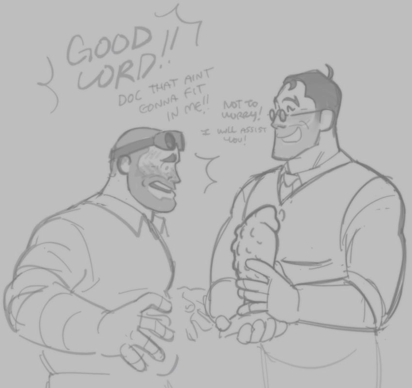 2boys beard bearded before_sex blush blushing clothed clothed_male clothing dialogue dildo engineer engineer_(team_fortress_2) english_text funny gay holding_dildo holding_object holding_sex_toy ifyunoyuno medic medic_(team_fortress_2) sex_toy sketch team_fortress_2 valve worried