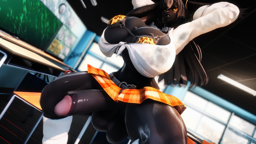 1futa 3d black_hair black_lipstick bottomless bra bunny_ears choker classroom clothed clothing dark-skinned_futanari dark_skin exhibitionism facial_markings final_fantasy final_fantasy_xiv floppy_ears futa_only futanari glowing_eyes gold_eyes gyaru hairtie_in_mouth high_socks huge_balls huge_breasts huge_cock large_areolae long_hair looking_at_viewer mostly_clothed muscular_futanari navel_piercing no_panties plaid_skirt public_nudity punk rabbit_girl sitting_on_desk skindentation solo sweat thick_thighs tight_clothing transparent_clothing viera white_shirt xivvanta