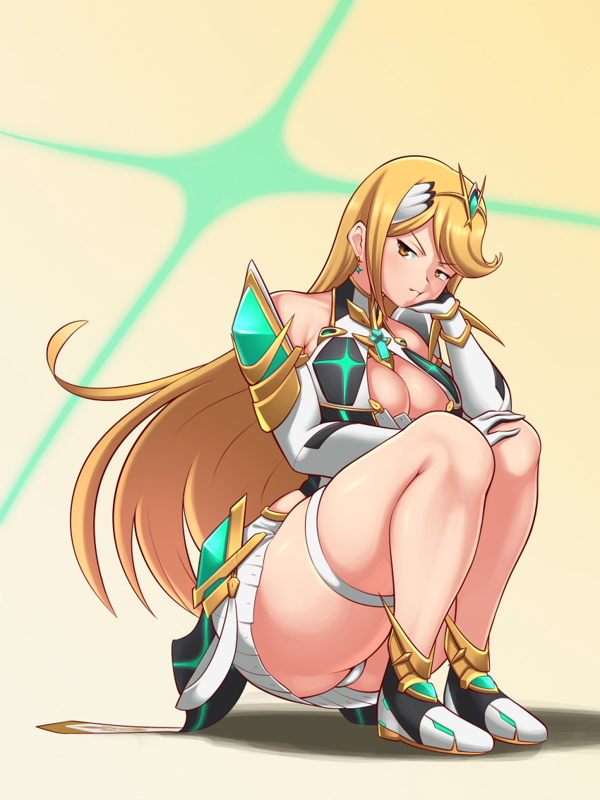 1girls armwear ass bare_shoulders big_ass big_breasts big_butt blonde_hair breasts butt cleavage clothed clothing core_crystal crouching female_only footwear frown full_body hair_ornament hi_res highres long_hair mythra nintendo panties sleepiitreat solo solo_female thick_legs thick_thighs thigh_strap underwear xenoblade_(series) yellow_eyes