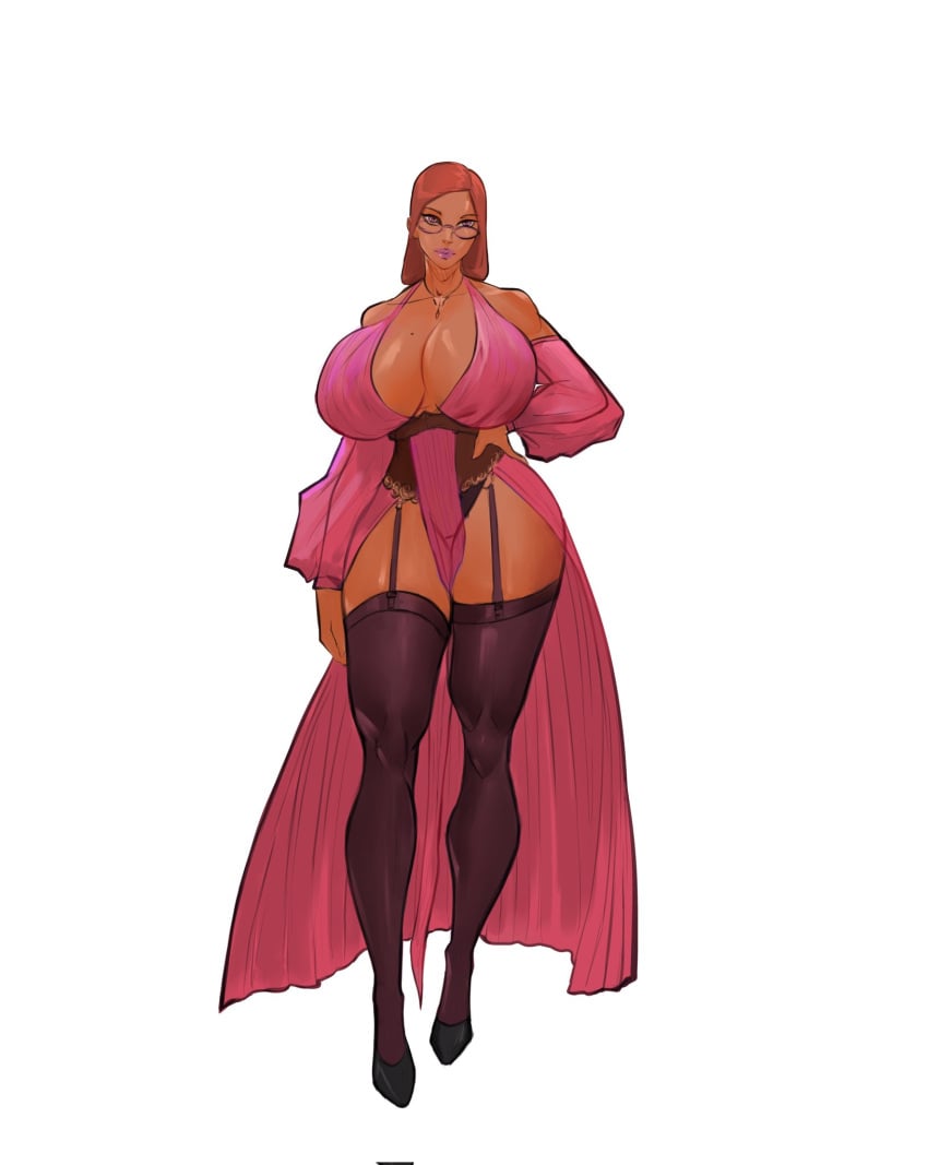 1girls 2d cenobyt clothed clothing dark-skinned_female dark_skin female female_only huge_breasts large_breasts lingerie milf mostly_clothed red_head solo standing stockings tagme