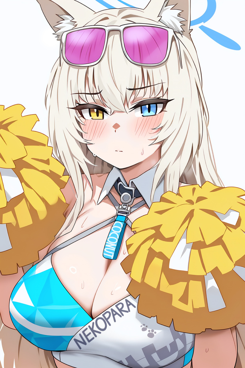 ai_generated alternate_costume animal_ear_fluff animal_ears bangs bare_arms bare_shoulders blonde_hair blue_archive blue_eyes blush breasts cat_ears cat_girl character_name cheerleader choker cleavage closed_mouth clothes_writing coconut_(nekopara) coconut_(sayori) collar collarbone cosplay criss-cross_halter crop_top detached_collar embarrassed english_text eyewear_on_head female furrowed_brow glasses hair_between_eyes halo halterneck hand_up hands_up heterochromia hibiki_(blue_archive)_(cosplay) hibiki_(cheerleader)_(blue_archive)_(cosplay) holding holding_pom_poms komorebi_p large_breasts long_hair looking_at_viewer millennium_cheerleader_outfit_(blue_archive) mismatched_pupils nekopara paw_print pom_pom_(cheerleading) purple-tinted_eyewear self-upload self_upload sidelocks simple_background sleeveless slit_pupils solo sunglasses sweat sweatdrop tinted_eyewear upper_body very_long_hair white_background white_collar yellow_eyes