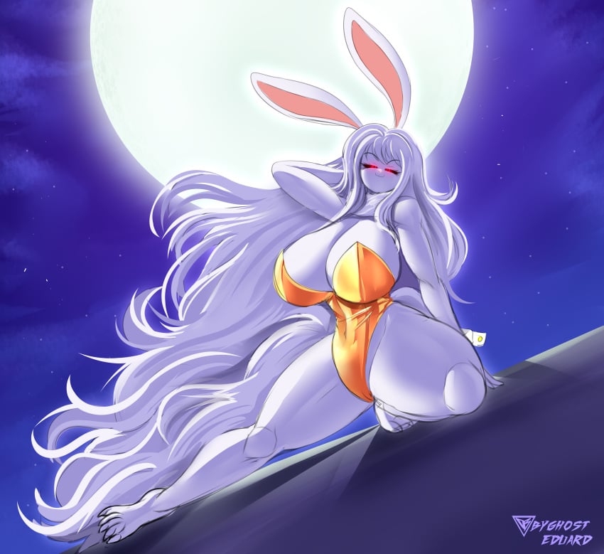 absurd_res anthro artist_name byghosteduard camel_toe carrot_(one_piece) clothed clothing digital_media_(artwork) eyebrows eyelashes female female_only full_moon hair hi_res long_hair looking_at_viewer mammal minkmen_(one_piece) moon one_piece outside red_eyes solo sulong_carrot