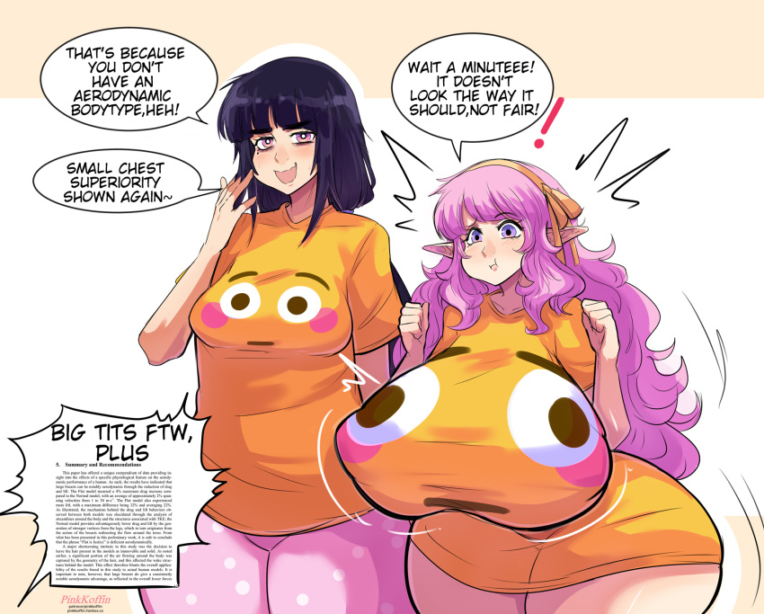 2girls blushing_emoji breast_size_difference breasts dialogue emoji emoji_(race) english_text female flat_chest flushed_emoji flushed_emoji_shirt huge_breasts light-skinned_female light_skin long_hair massive_breasts meme meme_attire original original_character pink_hair pinkkoffin purple_eyes purple_hair small_breasts thick_thighs