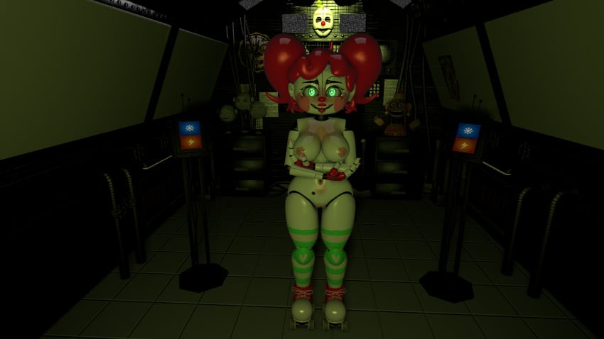 3d 3d_model arms_under_breasts artist_request baby_(fnafsl) belly_button breasts circus_baby circus_baby_(fnaf) clown five_nights_at_freddy's five_nights_at_freddy's:_sister_location fnaf fnaf_sister_location glowing_eyes green_eyes hands_on_breasts holding_breast holding_breasts looking_at_viewer naked naked_female nipples nude nude_female pink_cheeks pink_nipples primary_control_module pussy red_hair red_lipstick red_nose red_shoes roller_skates scottgames sister_location smile so87baby solo summer_of_87_baby twintails white_body white_skin