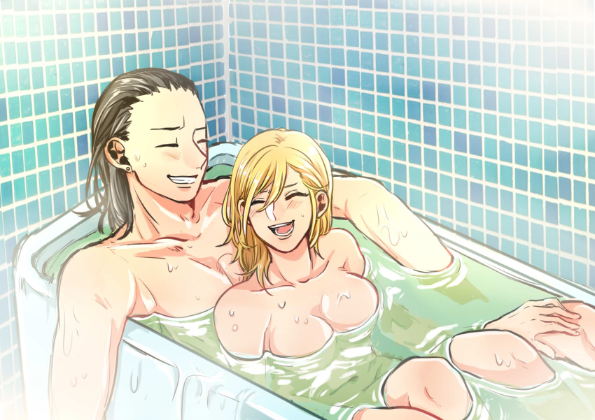 1boy 1girls bathing bathtub black_hair blonde_hair blush breasts canon_couple cleavage closed_eyes couple hair_down long_hair male/female naked nara_shikamaru naruto naruto:_the_last po-ran relaxing sitting sitting_on_person smile straight temari water wet_body wholesome wholesome_nudity