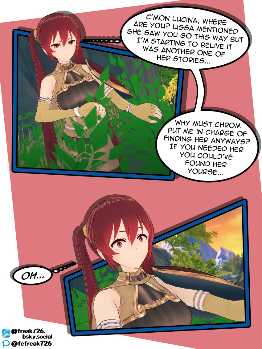 1girls 3d breasts caught comic elbow_gloves english_text fefreak726 female female_only fingerless_gloves fire_emblem fire_emblem_awakening frown long_hair nintendo outdoors peeping red_eyes red_hair severa_(fire_emblem) shield shocked small_breasts solo sunset text twintails very_long_hair yuri