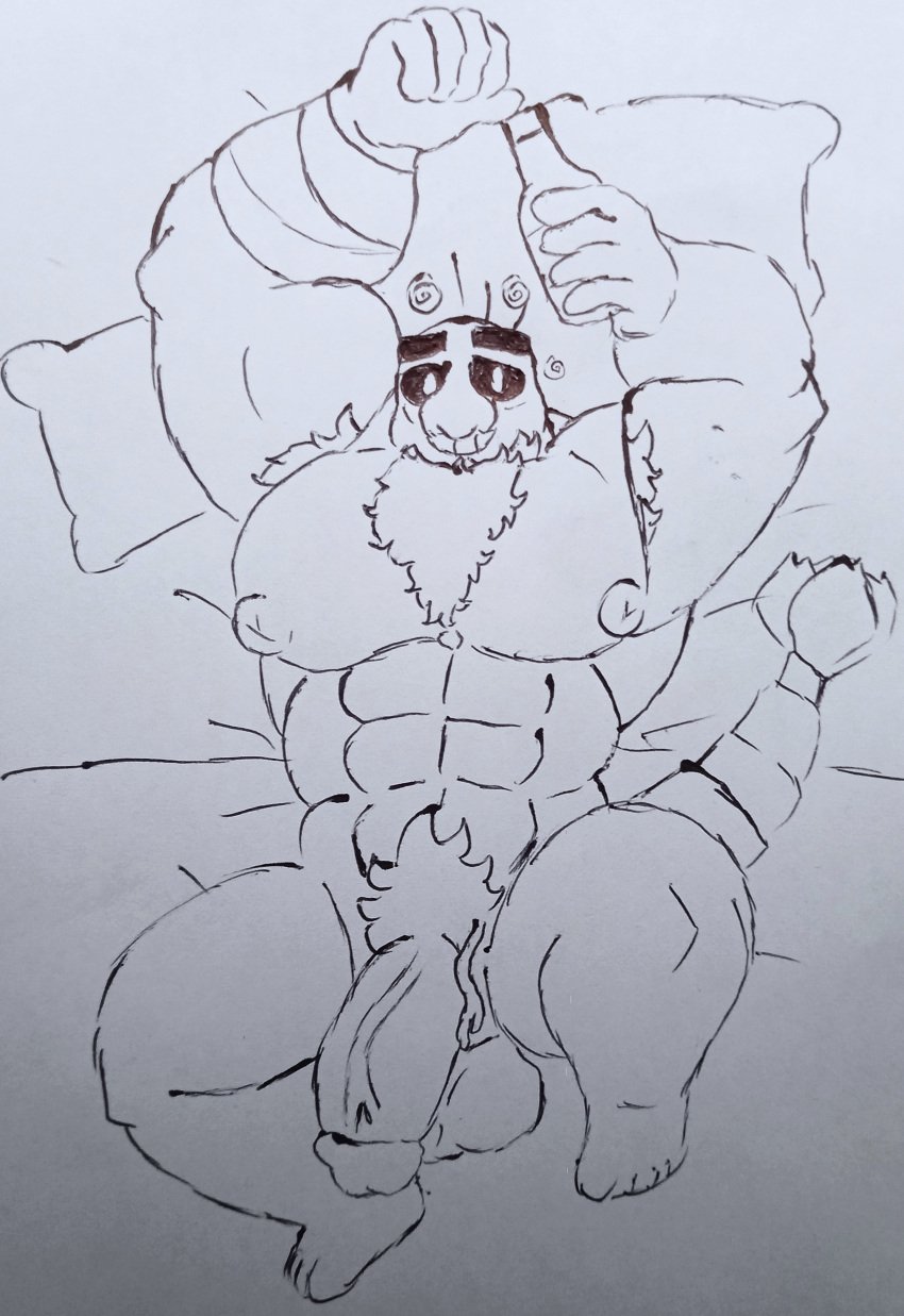 1boy anthro bara bara_tiddies bara_tits beer big_breasts big_muscles big_nipples big_pecs bottle brawl_stars cocokun! drunk hank_(brawl_stars) hard_cock laying_on_bed male_breasts male_only shrimp