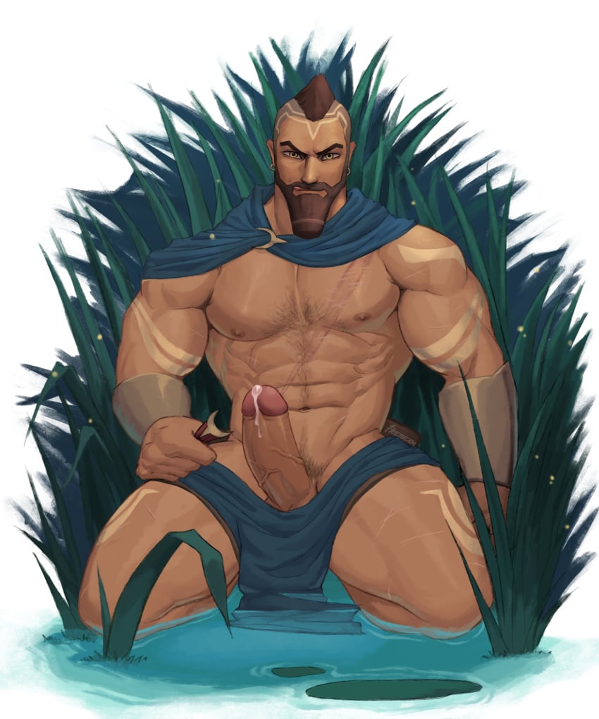 1boy abs absurdres arm_tattoo bara bare_pecs beard blue_cape brown_hair cape cum dark-skinned_male dark_skin erection facial_hair highres large_pectorals league_of_legends leg_tattoo looking_at_viewer male male_focus male_only male_pubic_hair mature_male mohawk muscular muscular_male navel navel_hair nipples nude pantheon partially_submerged pelvic_curtain penis plant precum pubic_hair reward_available scar scar_on_chest short_hair solo spread_legs stomach tattoo thick_thighs thighs uncensored whyhelbram