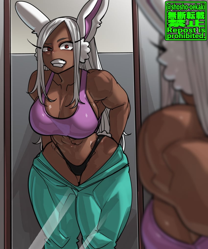 1girls abs animal_ears artist_name bare_shoulders big_breasts blurry_foreground breasts bunny_ears bunny_tail cleavage clenched_teeth clothing collarbone crop_top curvy dark-skinned_female dark_skin eyelashes female female_focus female_only g-string hips human large_breasts looking_at_viewer mirror mirror_reflection miruko muscular muscular_female my_hero_academia navel panties pants parted_lips pinup putting_clothes_on red_eyes rumi_usagiyama shiny_skin shosho_oekaki sleeveless solo solo_female sports_bra struggling struggling_to_fit tail tank_top teeth thick_thighs thighs thong very_long_hair voluptuous white_hair wide_hips