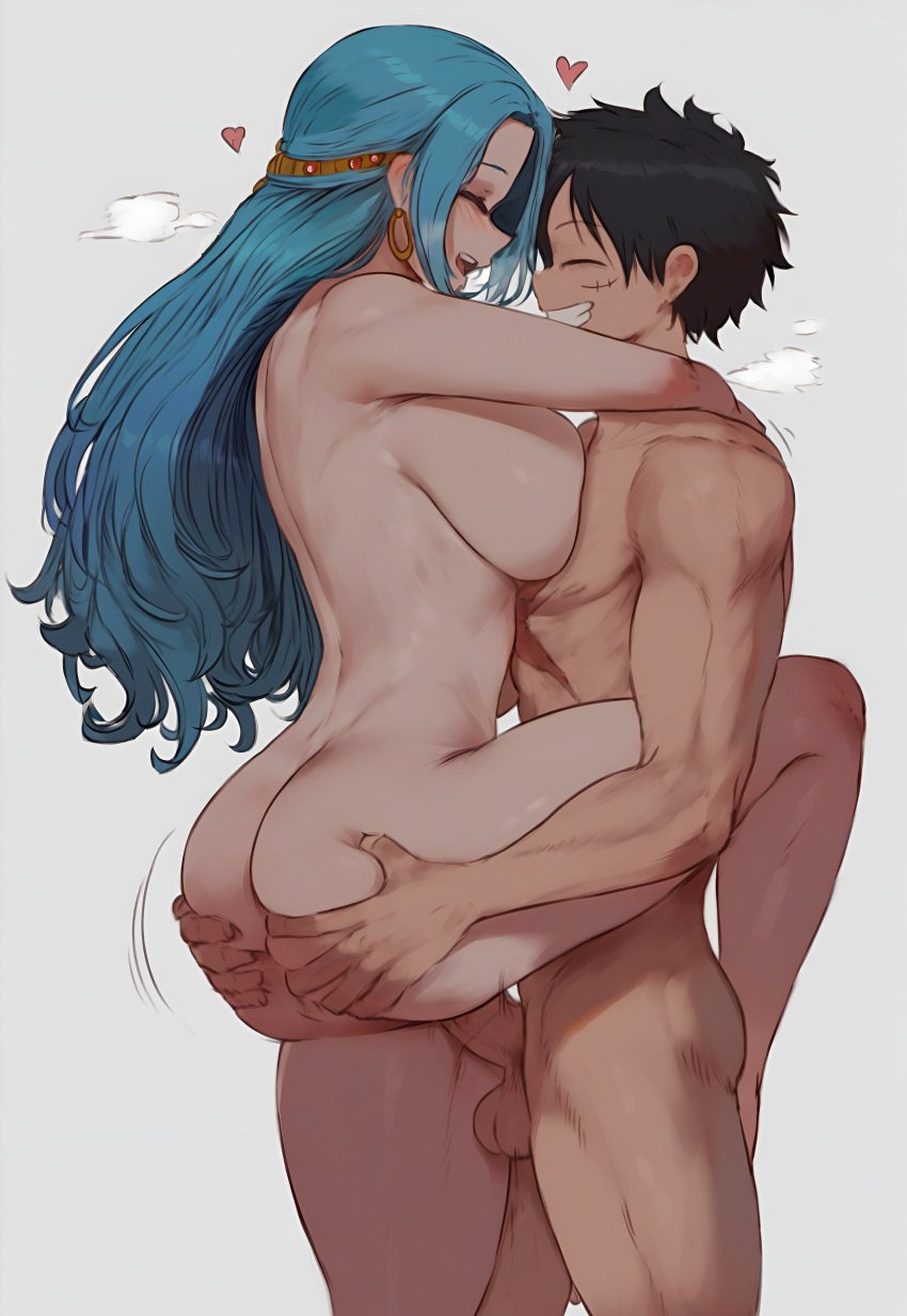 ai_assisted ai_generated arm_around_neck ass ass_grab black_hair blue_hair breasts couple earrings female female_focus from_side green_hair grey_background grin hand_on_butt happy_sex heart jewelry large_breasts light-skinned_female long_hair male monkey_d_luffy motion_lines muscular_male nefertari_vivi one_piece penis post-timeskip princess romantic scar scar_across_eye scar_on_chest self_upload sex simple_background smile smiling smiling_at_another smiling_at_partner standing standing_on_one_leg standing_sex steam straight teeth testicles vaginal_penetration white_background