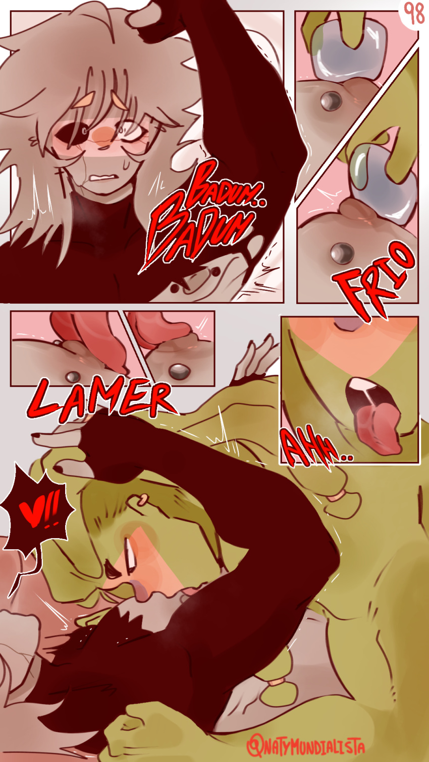 2boys argentina_(countryhumans) brazil_(countryhumans) comic comic_page countryhumans couple gay ice ice_cube kinky_naty licking_breast licking_nipples male male_only married_couple pectorals piercings spanish_text