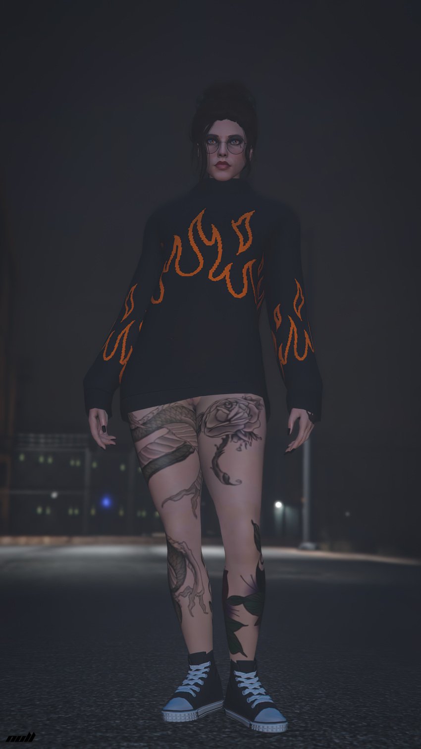 1girls amelia_waters brown_hair female glasses grand_theft_auto grand_theft_auto_online grand_theft_auto_v hair_bun jumper lips multicolored_eyes no_panties no_pants no_underwear nopixel nullinvoid pussy pussy_lips sweater tattoo tattoo_on_legs tattoos thick_thighs thighs