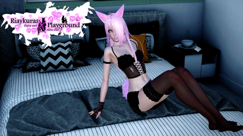 3d black_clothing female_only fox_ears fox_humanoid foxgirl gloves lingerie on_bed on_the_bed pink_eyes pink_hair riaykura riaykuras_playground sitting sitting_on_bed solo stockings