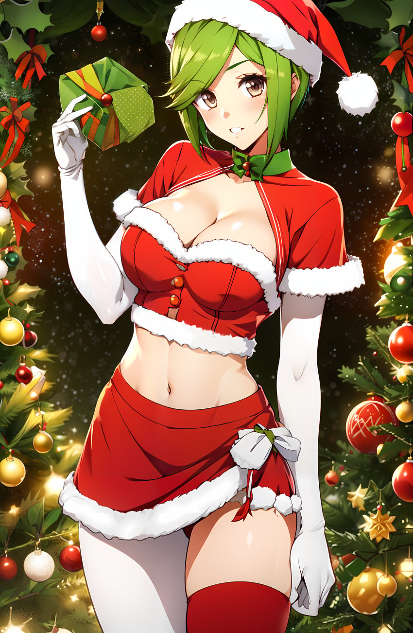 1girls ai_generated bleach breasts christmas cleavage female female_only gloves green_hair hat hazel_eyes kuna_mashiro lime_hair merry_christmas midriff navel pantyhose sack santa santa_costume santa_hat skirt solo stable_diffusion thighhighs unstable_diffusion young