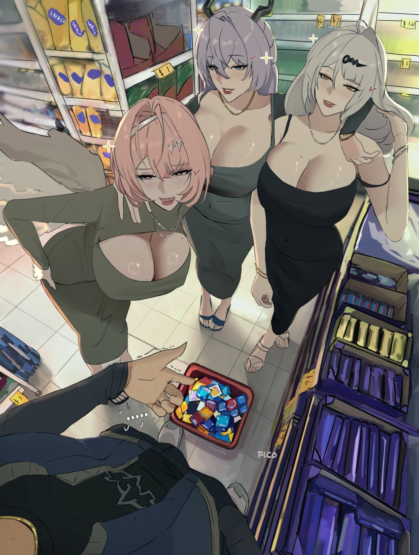 1boy 3girls big_breasts breasts cleavage dress female female_focus ficoemirrio imminent_foursome imminent_sex large_breasts light-skinned_female light_skin male ramiel_(zenless_zone_zero) sunbringer_(zenless_zone_zero) thick_thighs thighs tight_clothing wide_hips wise_(zenless_zone_zero) yixuan_(zenless_zone_zero) zenless_zone_zero