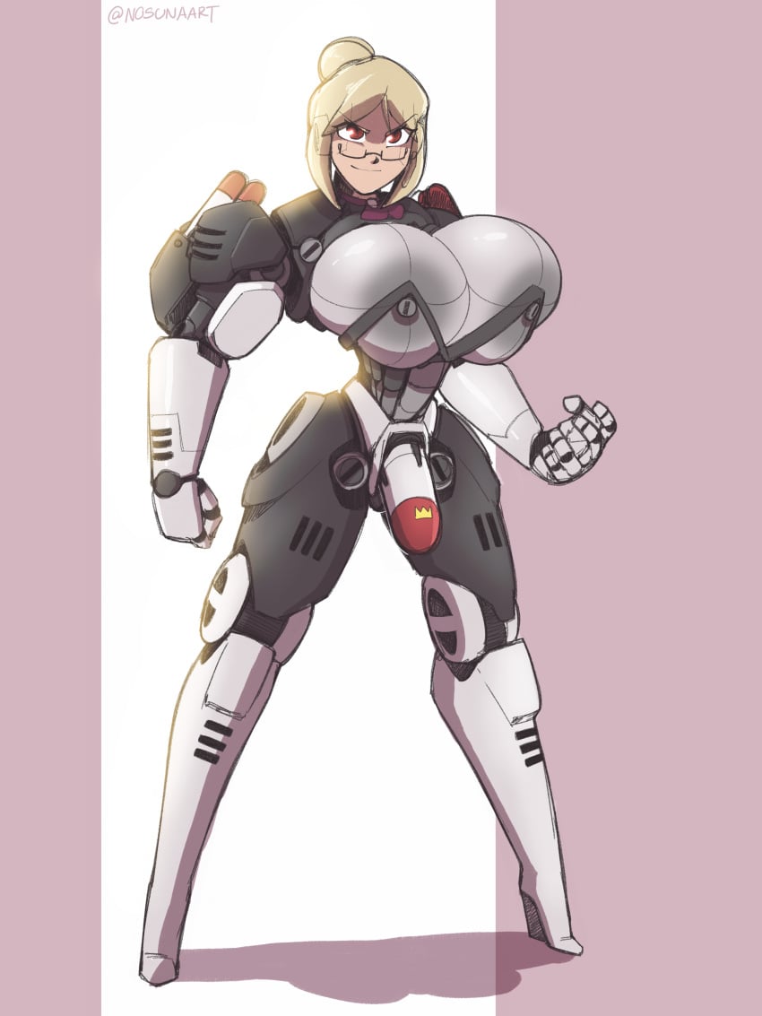 android big_breasts blonde_hair breasts crotch_rocket glasses hair_bun huge_breasts large_breasts last_period nipples nosunato red_eyes robot robot_girl robot_joints smile smirk sonya_(last_period)