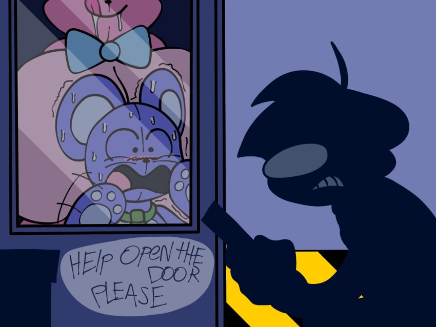 afraid anxious asking_for_help bear blue_body blue_bow blush bowtie boys breasts_bigger_than_head calling_for_help casual casual_nudity fear female five_nights_at_freddy's giant_breasts gremlingrounded horny huge_breasts jerri_(gremlingrounded) licking_lips lovedoll_toy_factory lust male mouse mouse_ears nipples nude paws pink_body public public_nudity security_guard teddi_(gremlingrounded) teddy_bear terrified whiskers