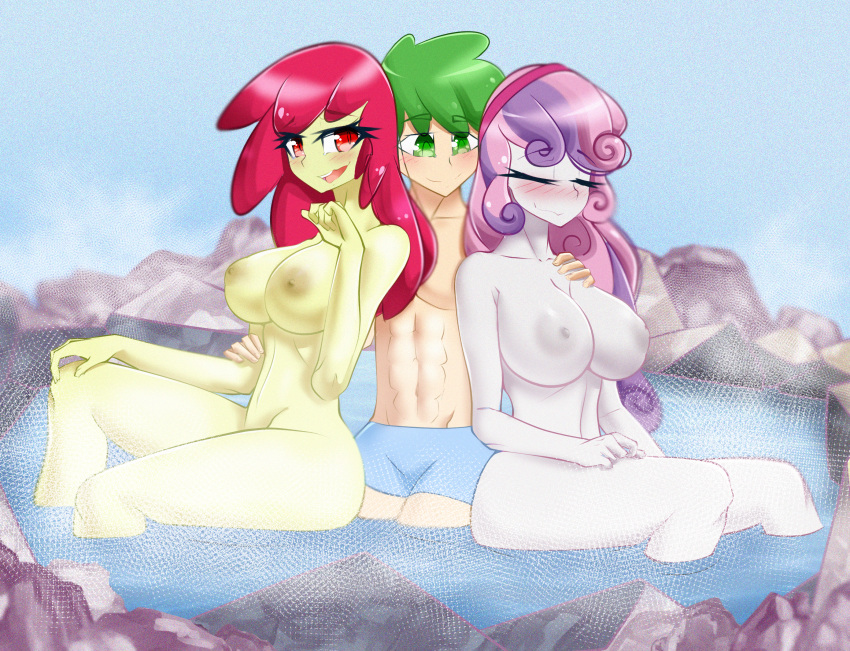 1boy 2girls abs aged_up apple_bloom_(eg) apple_bloom_(mlp) areolae big_breasts blush breasts closed_eyes equestria_girls friendship_is_magic green_eyes green_hair hairband hand_on_arm hand_on_shoulder harem hasbro hot_spring huge_breasts humanized imminent_sex imminent_threesome kamushek228 large_breasts lavender_hair multicolored_hair my_little_pony older pink_hair red_eyes red_hair smooth_skin spike_(mlp) sweetie_belle_(eg) sweetie_belle_(mlp) white_skin yellow_skin