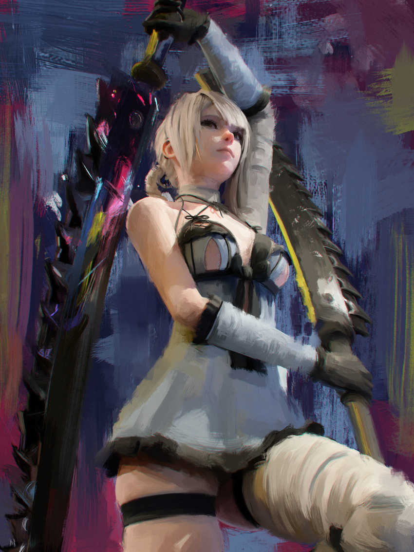 bandages bangs breasts kaine_(nier) lingerie malphier nier nier_replicant sword white_hair