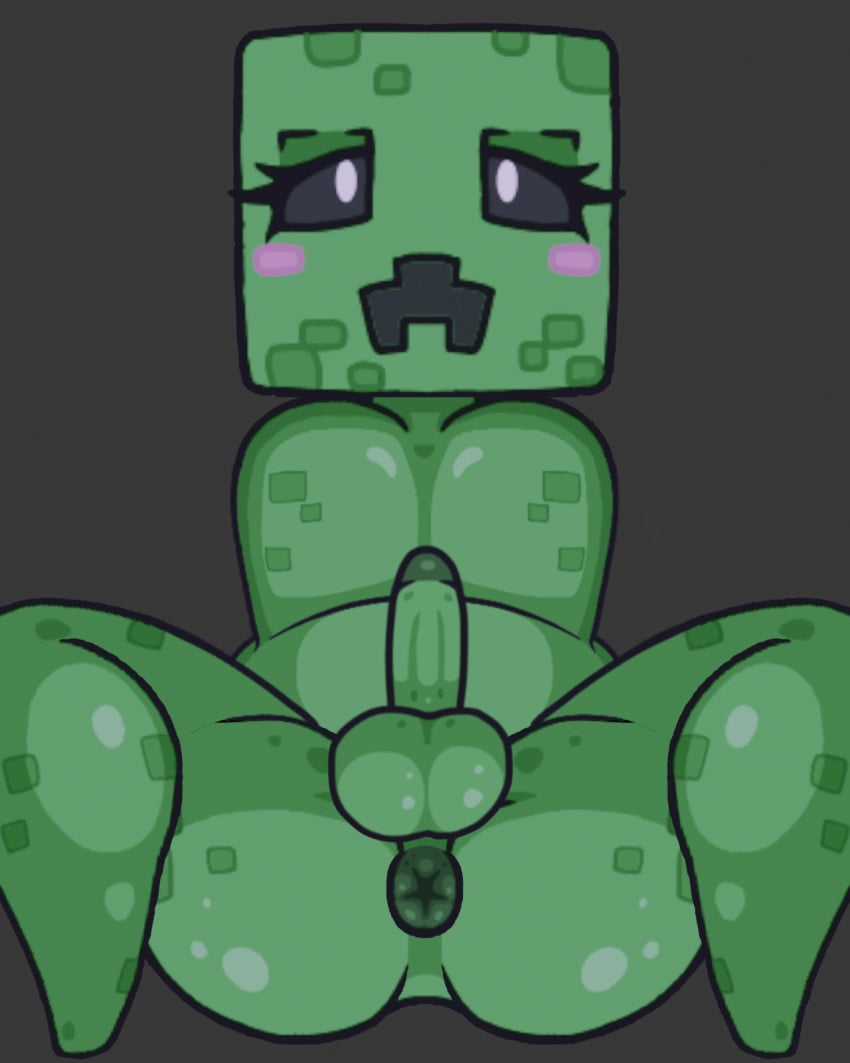 balls blush creeper creeper_(minecraft) edit fanart fapwall femboy green_skin male male_only minecraft penis simple_background solo spread_legs tagme