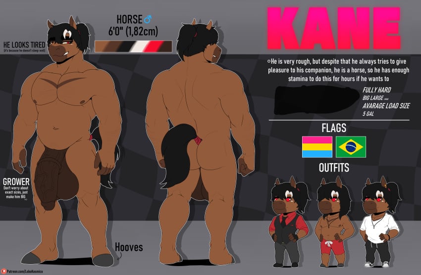 1boy absurd_res anthro ass balls big_penis bottomwear brazilian_flag brown_body brown_fur clothing digital_drawing_(artwork) digital_media_(artwork) english_text equid equine footwear fur genitals hair hi_res highlights_(coloring) hoodie hooves horse jewelry jordan_(brand) kane_(lobokosmico) lobokosmico looking_at_viewer male male_only mammal medial_ring model_sheet muscular muscular_anthro muscular_male necklace necktie nike nipples nude penile penis piercing ponytail red_eyes shirt shoes shorts simple_background smile sneakers solo standing sweatpants tail text topwear vest white_clothing white_highlights white_shirt white_topwear