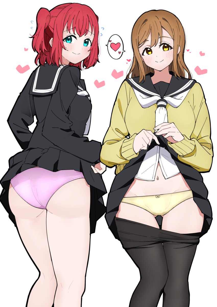 2girls ass blush bow bow_panties heart kunikida_hanamaru kurosawa_ruby liz_(piyoko_piyop) looking_at_viewer love_live! love_live!_sunshine!! navel panties pantyhose pantyhose_pull pink_panties school_uniform skirt_lift smile yellow_panties